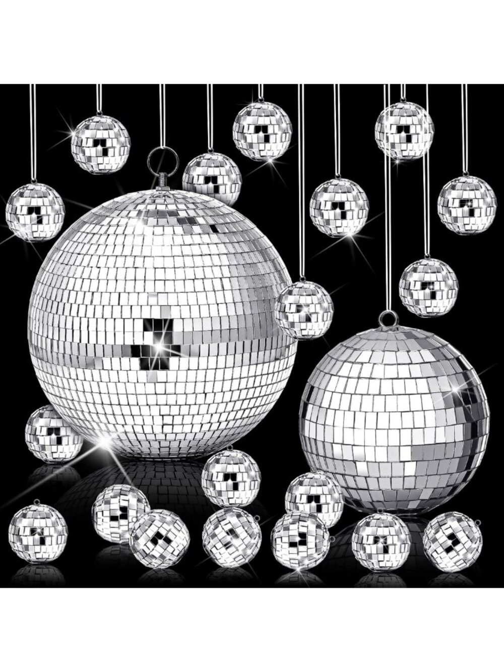 17 Pcs Large Mirror Disco Ball Set - Multi Size 8, 6, 1.2 Inch for Parties